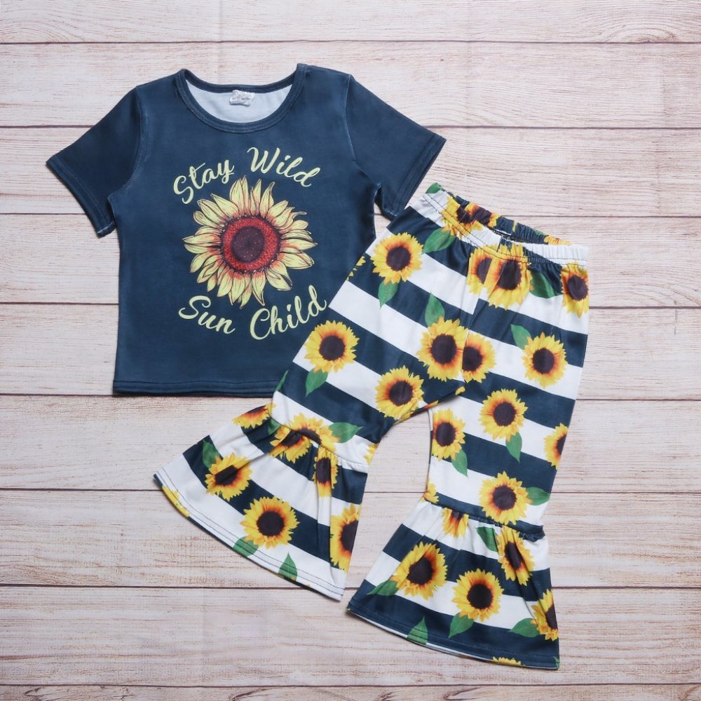 Boutique Sunflower Wild Child Girls Bell Bottoms Outfit Set